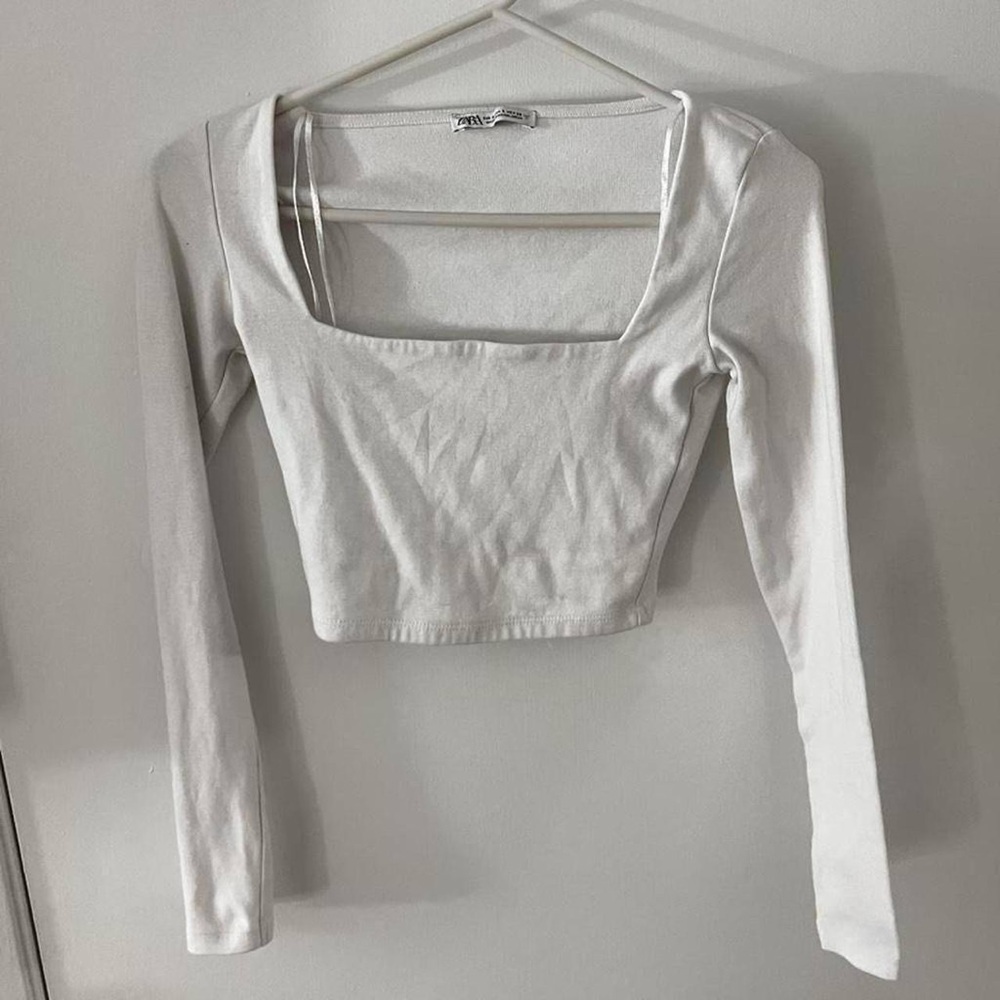 Zara White Square-Neck Long-Sleeve Crop Top